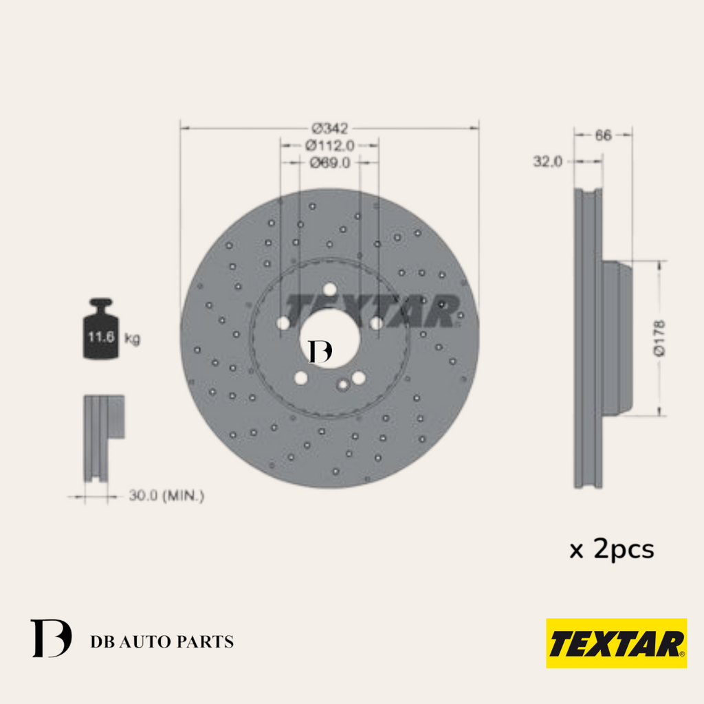 Textar Front Brake Disc Set 2pcs Mercedes Benz C-Class E-Class W205 W213 (92331005)(0004212212)